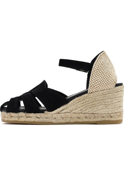 Kadın Siyah Bilekten Bantlı Dolgu Topuklu Süet Deri Espadril Sandalet 25SFD151110 fırsatları