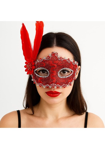 Kırmızı Renk Tüylü Dantelli Gözleri Taşlı B Parti Maskesi