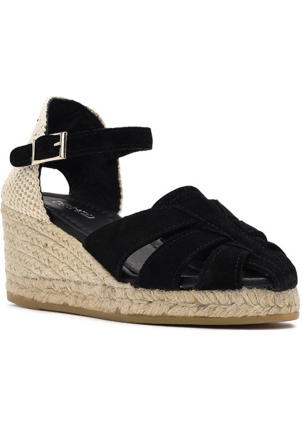 Kadın Siyah Bilekten Bantlı Dolgu Topuklu Süet Deri Espadril Sandalet 25SFD151110