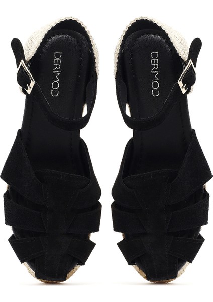 Kadın Siyah Bilekten Bantlı Dolgu Topuklu Süet Deri Espadril Sandalet 25SFD151110