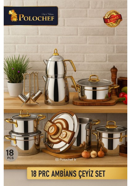 Ambians Serisi Gold 18 Parça Çelik Çeyiz Seti – 304 Paslanmaz Çelik, Indüksiyon Uyumlu