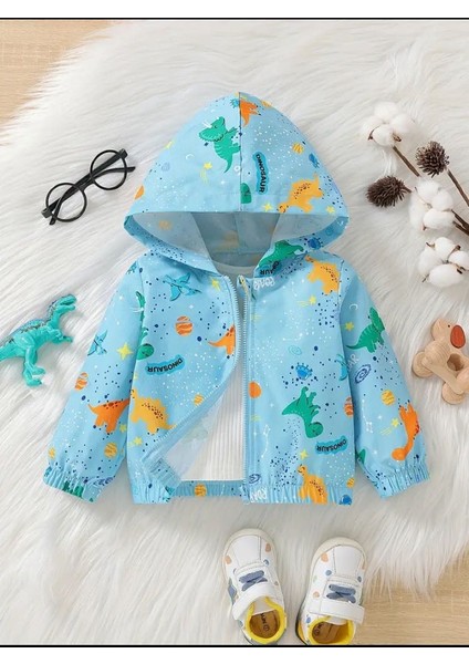 Mavi Dinozor Desenli Kapüşonlu Astarsız Rüzgarlık – Erkek ve Kız Bebek Ceket