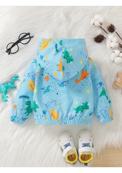 Mavi Dinozor Desenli Kapüşonlu Astarsız Rüzgarlık – Erkek ve Kız Bebek Ceket fiyatları