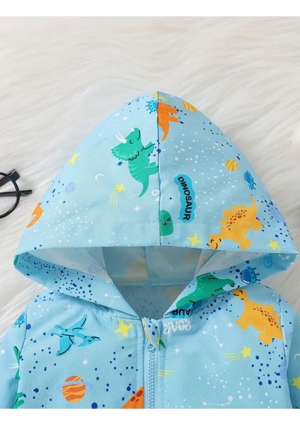 Mavi Dinozor Desenli Kapüşonlu Astarsız Rüzgarlık – Erkek ve Kız Bebek Ceket modelleri