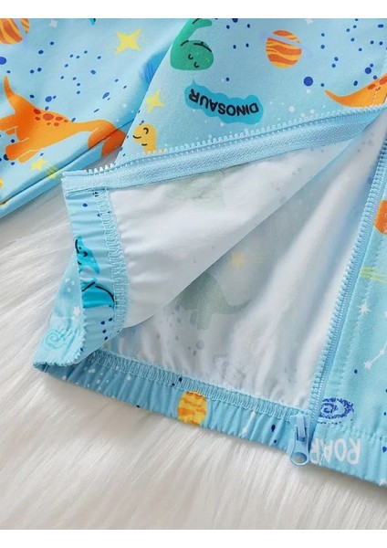 Mavi Dinozor Desenli Kapüşonlu Astarsız Rüzgarlık – Erkek ve Kız Bebek Ceket fırsatları