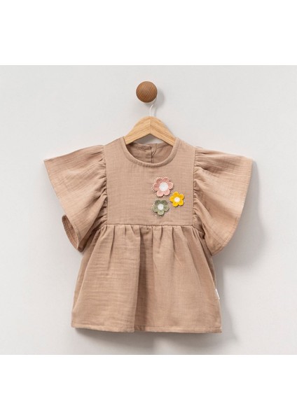 Kız Çocuk 1-4 Yaş Çiçek Detaylı Müslin Elbise - Bej