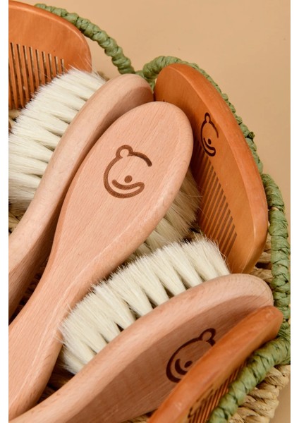 Doğal Keçi Kılı Bebek Saç Fırçası, Bebek Konak Tarağı, 2'li Set