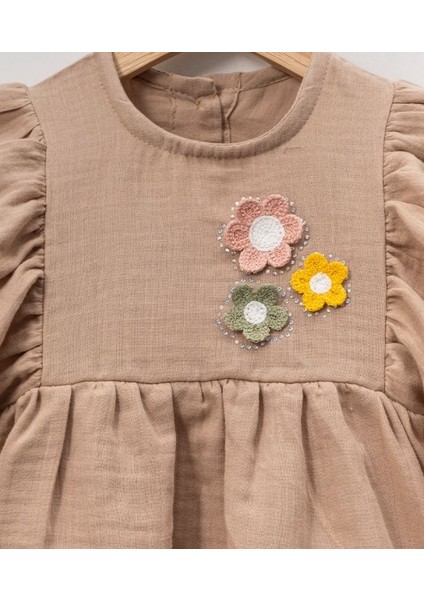 Kız Çocuk 1-4 Yaş Çiçek Detaylı Müslin Elbise - Bej fiyatları