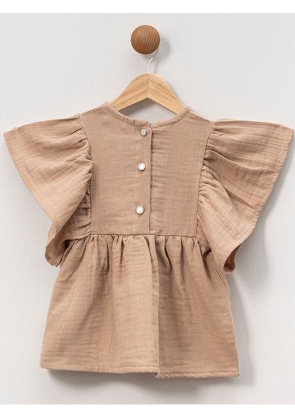 Kız Çocuk 1-4 Yaş Çiçek Detaylı Müslin Elbise - Bej modelleri