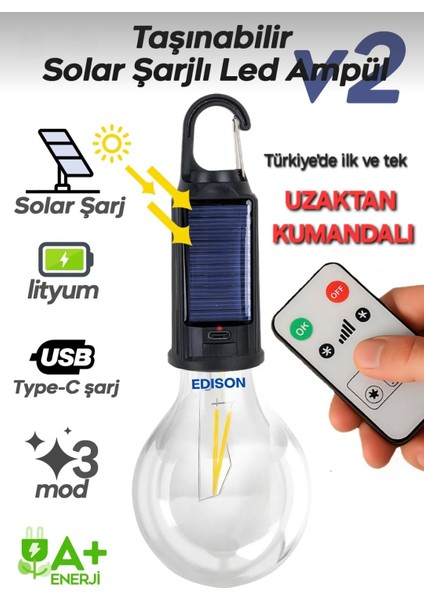 Taşınabilir Solar USB Şarjlı LED Ampül Outdoor Kamp Bahçe Lambası Askılı Kırılmaz LED Işık Kumandalı
