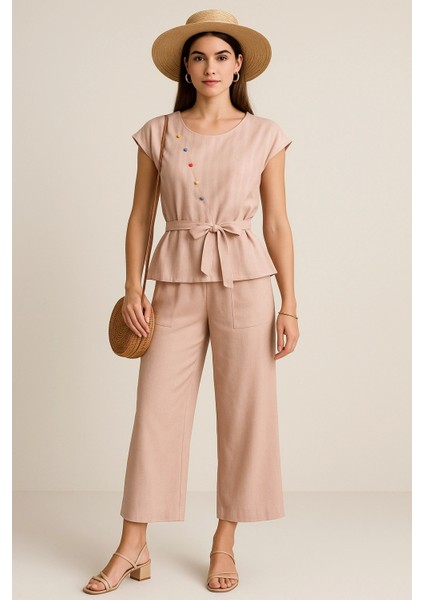 Bentley Ithal Keten Çizgi Kombin Boncuk Işlemeli Ikili Pantolon Takım