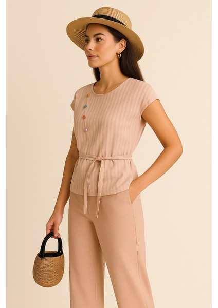 Bentley Ithal Keten Çizgi Kombin Boncuk Işlemeli Ikili Pantolon Takım fiyatları