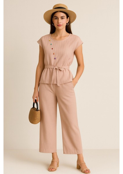 Bentley Ithal Keten Çizgi Kombin Boncuk Işlemeli Ikili Pantolon Takım fırsatları