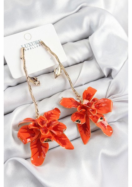 Bfs Pirinç Sallantılı Kırmızı Çiçek Model Gold Renk Kadın Küpe