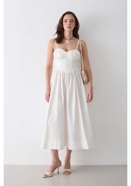 Beyaz Bel Detaylı Poplin Elbise