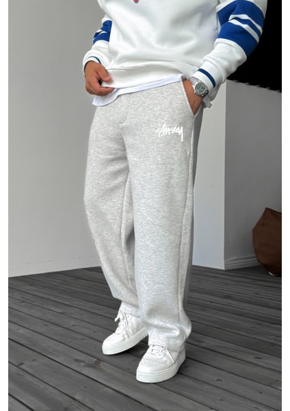 Stüssy Baskılı Baggy Gri Yazlık 3 Iplik Bol Kesim Düz Paça Mevsimlik Eşofman Altı RF0510