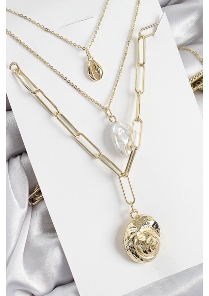 Bfs Pirinç Çoklu Zincirli Incili Deniz Kabuğu Model Gold Renk Kadın Kolye
