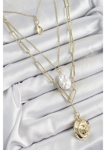 Bfs Pirinç Çoklu Zincirli Incili Deniz Kabuğu Model Gold Renk Kadın Kolye fiyatları