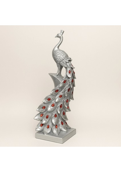 Gümüş Kristal Kuyruklu Tavuskuşu Dekor Heykel 50 cm