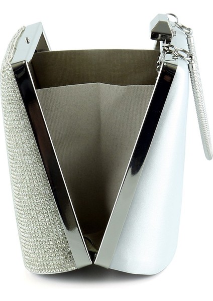 Gümüş Saten Kristal Taşlı Metal Saplı Zincir Askılı Abiye Çanta