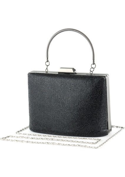 Siyah Saten Kristal Taşlı Metal Saplı Zincir Askılı Abiye Çanta fiyatları