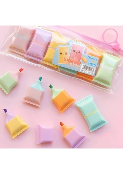 Mini Fosforlu Kalem Seti, 6 Renk, Pastel Tonlar, Sevimli Şeker Tasarım