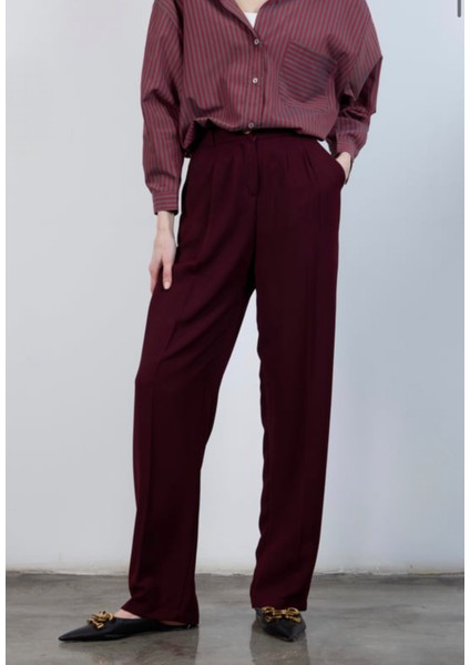 Yüksek Bel Arkası Lastikli Pileli Palazzo Pantolon