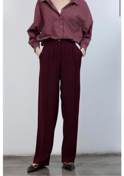 Yüksek Bel Arkası Lastikli Pileli Palazzo Pantolon fiyatları