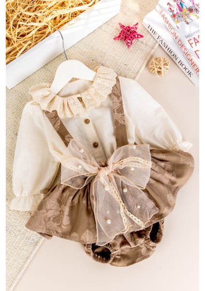 Fisto Yakalı Kız Bebek Salopet Elbise Takım