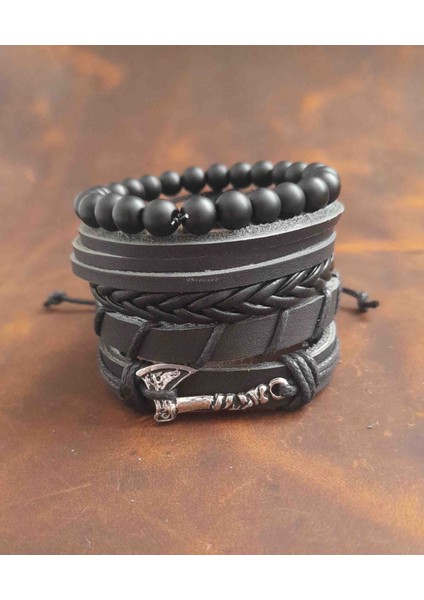 5'li Erkek Bileklik Balta Tasarım Hakiki Deri Bileklik