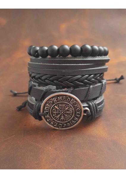 5'li Erkek Bileklik Pusula Vegvisir Tasarım Gerçek Deri Bileklik