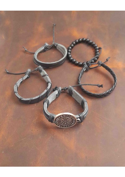 5'li Erkek Bileklik Pusula Vegvisir Tasarım Gerçek Deri Bileklik fiyatları