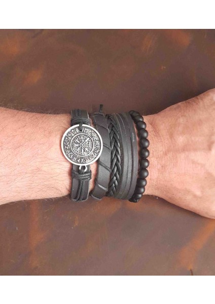 5'li Erkek Bileklik Pusula Vegvisir Tasarım Gerçek Deri Bileklik fırsatları