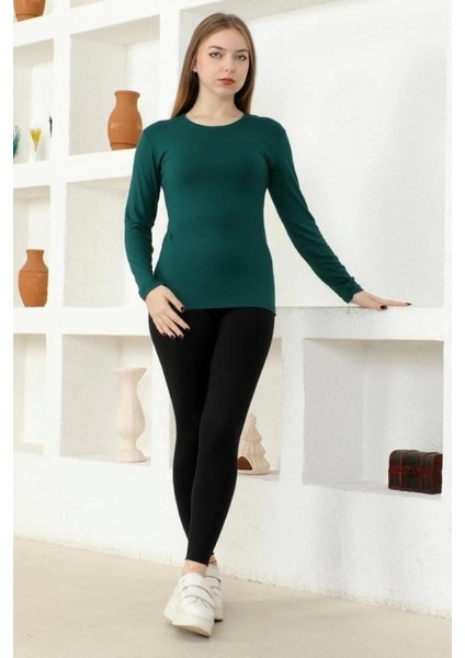 Rahat ve Şık Uzun Kollu Bisiklet Yaka Likralı Viskon Penye Body Zümrüt Yeşili modelleri