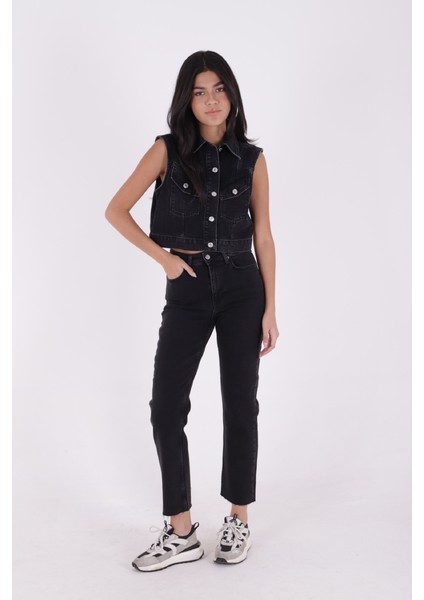 Paçaları Dikişsiz ve Yüksek Belli Kadın Kot Pantolon Mom Fit Jean Antrasit