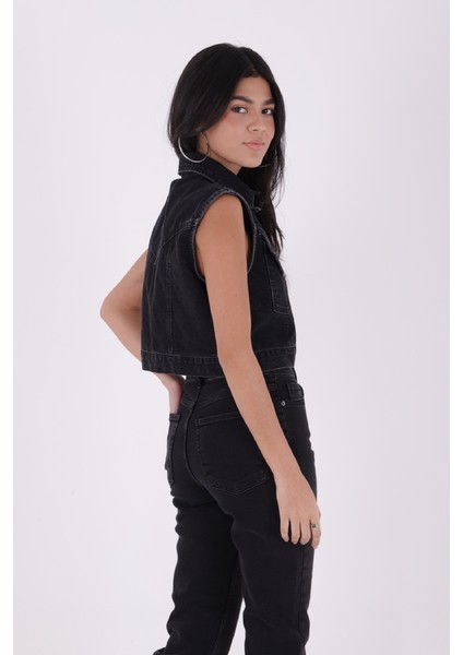 Paçaları Dikişsiz ve Yüksek Belli Kadın Kot Pantolon Mom Fit Jean Antrasit fırsatları
