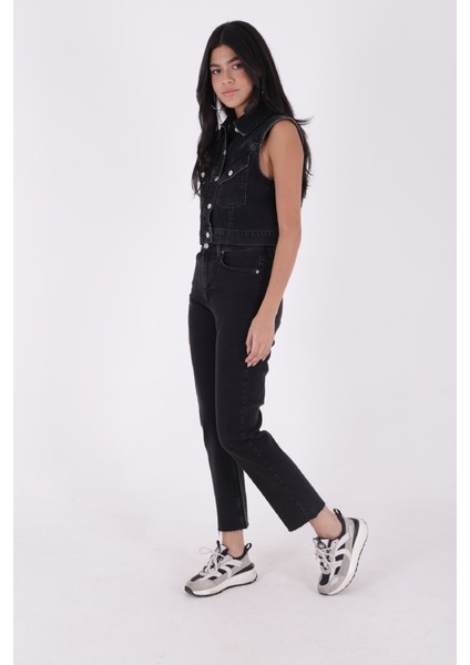 Paçaları Dikişsiz ve Yüksek Belli Kadın Kot Pantolon Mom Fit Jean Antrasit indirimleri