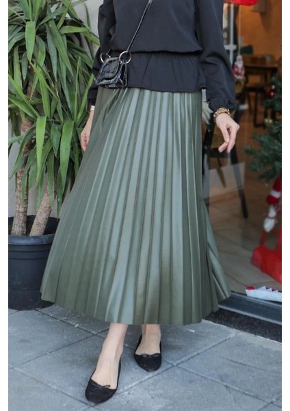 Zarif ve Modern Pileli Parlak Krep Gizli Lastikli Haki Etek fiyatları