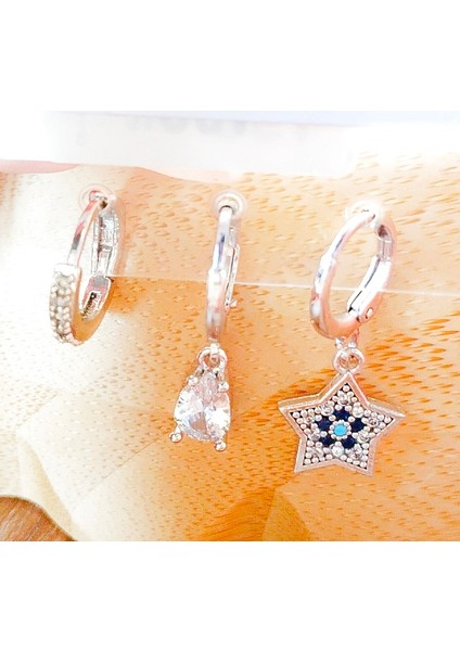 Gümüş Renk Lüks Gösterişli Figürlü Üçlü Küpe