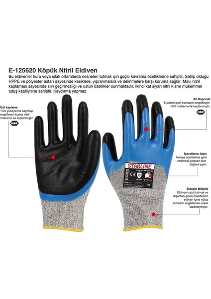 Starline Nitril Kaplamalı Kesilmeye Dayanıklı Iş Eldiveni 125620 Ce Köpük Kaymaz Koruma modelleri