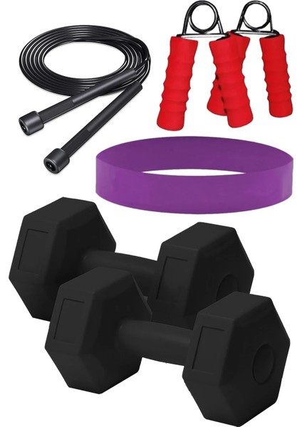 1 kg x 2 Adet Siyah Dambıl Atlama Ipi Aeroik Squat Bant 2 Adet Süngerli El Yayı