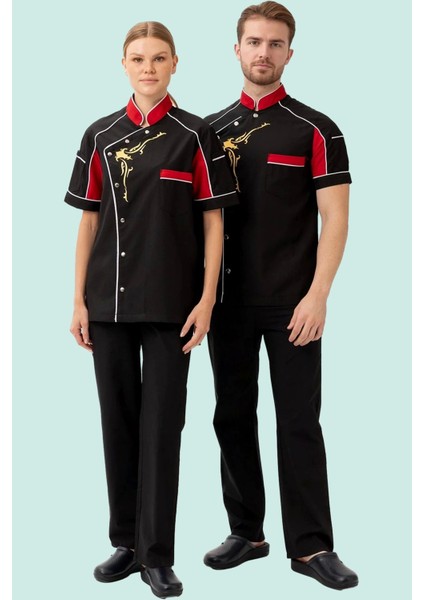 Aşçı Ceketi Kisa Kollu Siyahkırmızı 75 Polyester Evereste Şef Nefes Alabilir Hafif Şık Tasarım