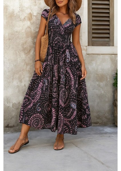 Kadın Kısa Yarasa Kanat Kollu V Yakalı Beli Büzgülü Süprem Elbise fiyatları