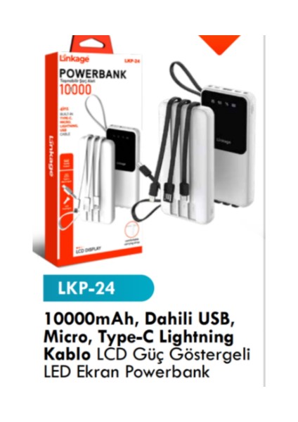LKB24 10000 Mah Taşınabilir Dahili USB Mikro Ligthing Kablolu LED Gösterge Powerbank