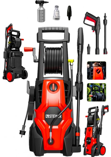 180 Bar Çelik Şanzuman Musluk ve Kovadan Çekme Özellikli Yüksek Basınçlı Bahçe Oto Yıkama Makinesi