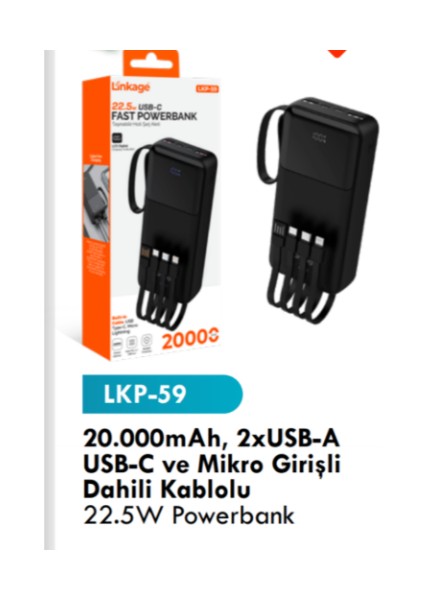 LKB59 Taşınabilir 20000 Mah 2xusb A ve USB C, Mikro Girişli Dâhili Kablo