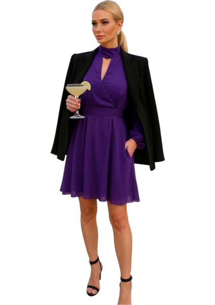 Tomris Yaka Detay Mor Şifon Elbide Business Women