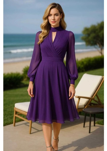 Tomris Yaka Detay Mor Şifon Elbide Business Women modelleri