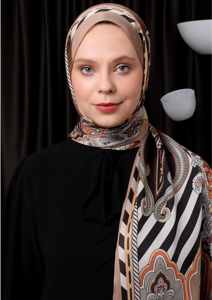 Sütlü Kahve Çizgili Hint Ipeği Şal