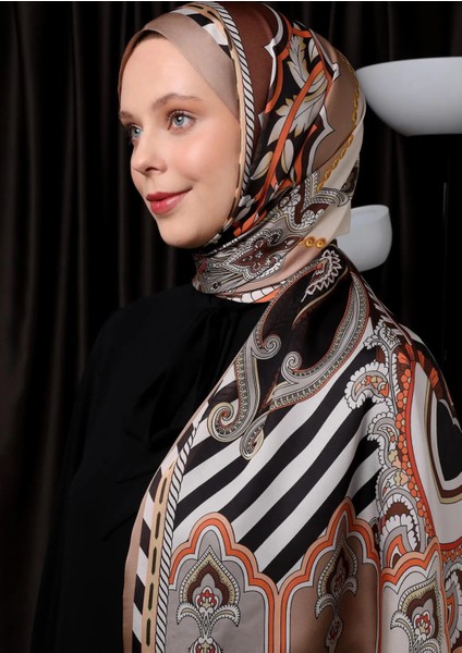 Sütlü Kahve Çizgili Hint Ipeği Şal modelleri